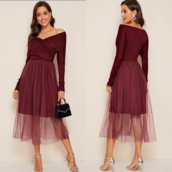WILA Dresses & Skirts - Off the shoulder tulle dress burgundy maroon